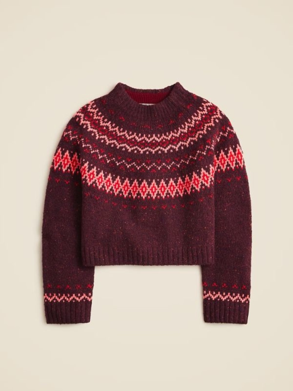 J.Crew Fair Isle Wide Mockneck Wool Blend Sweater Burgundy Pink